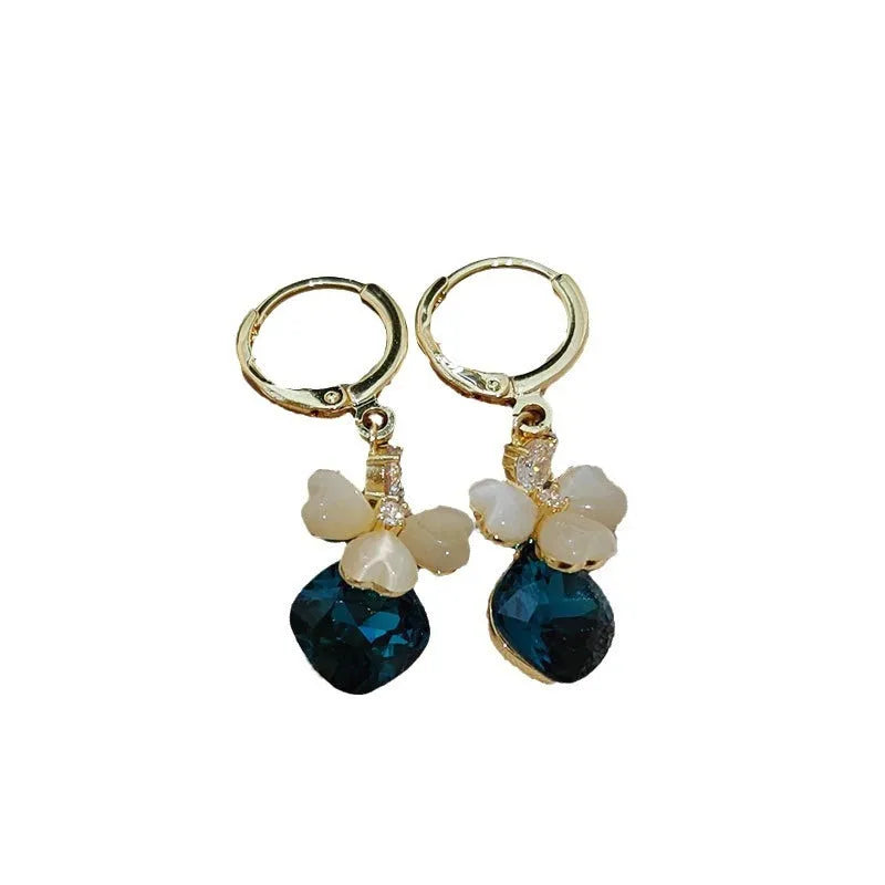 Electroplated blue crystal earrings with bow shape on alloy base
