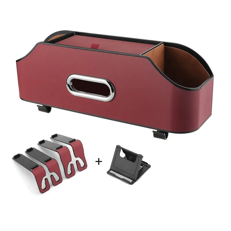 Genuine leather car tissue box organiser with hanging strap and 2 litre storage capacity