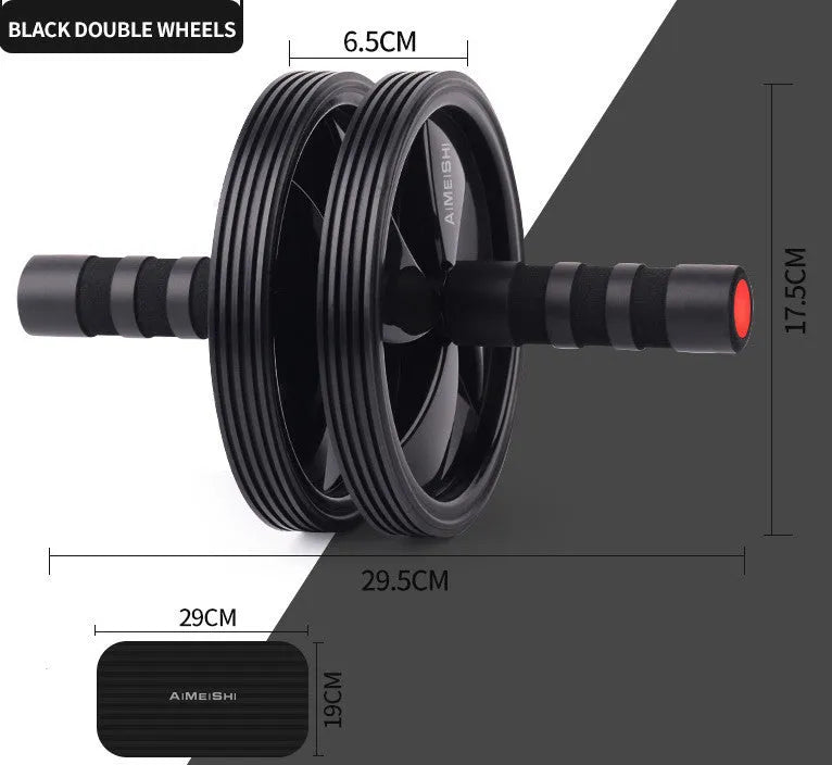Exercise belly roller with black NBR wheel on a grey steel pipe frame on a carpet