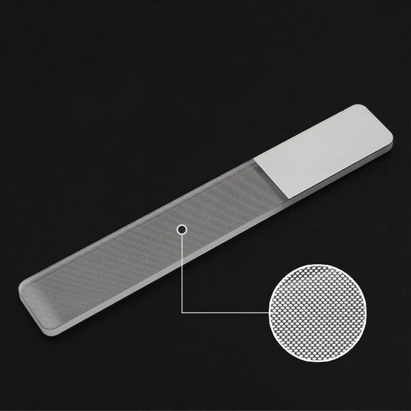 Transparent glass nail file 9 cm x 1.3 cm x 0.2 cm with physically polished surface for manicure use