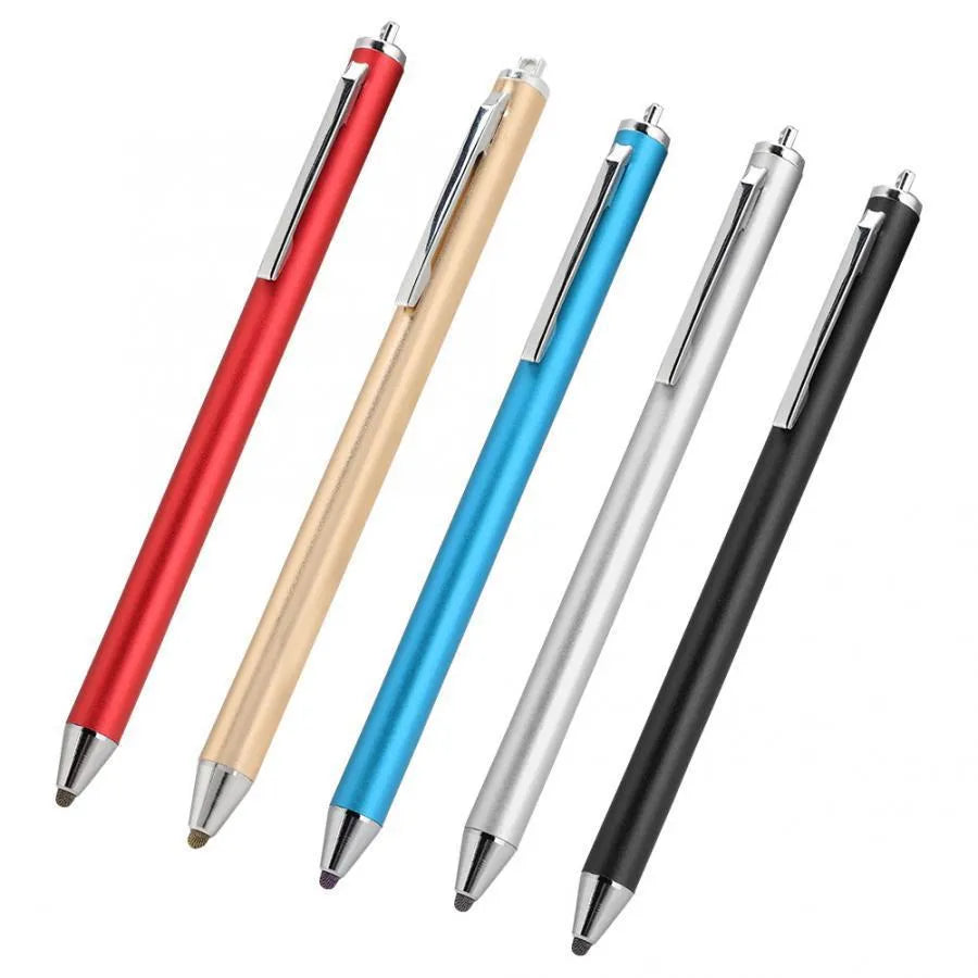 Metal fine-tip capacitive stylus for tablet drawing in silver, red, blue, gold, pink, grey, and black.