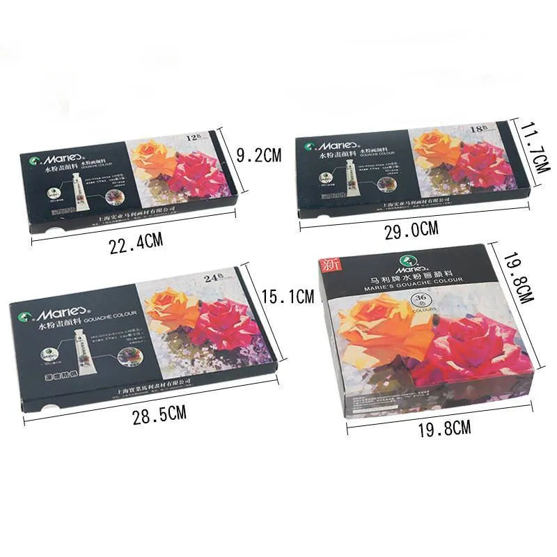 Boxed gouache paint sets showing tubes in 12, 18, and 24 colour options with 5ml and 12ml sizes.