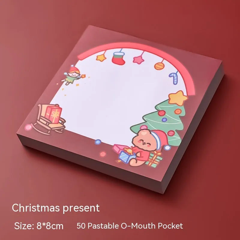 Christmas cartoon sticky notes pad with eight festive designs including elf, gift, sled, and Santa Claus