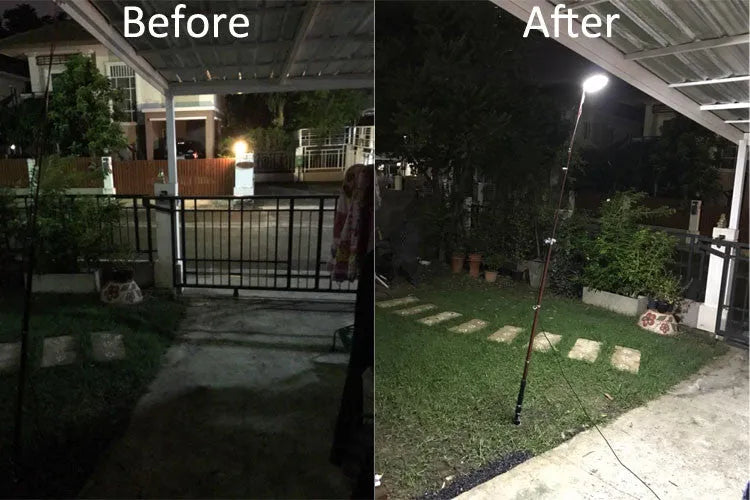 White LED fishing rod light mounted on a telescopic pole with remote control for outdoor use.