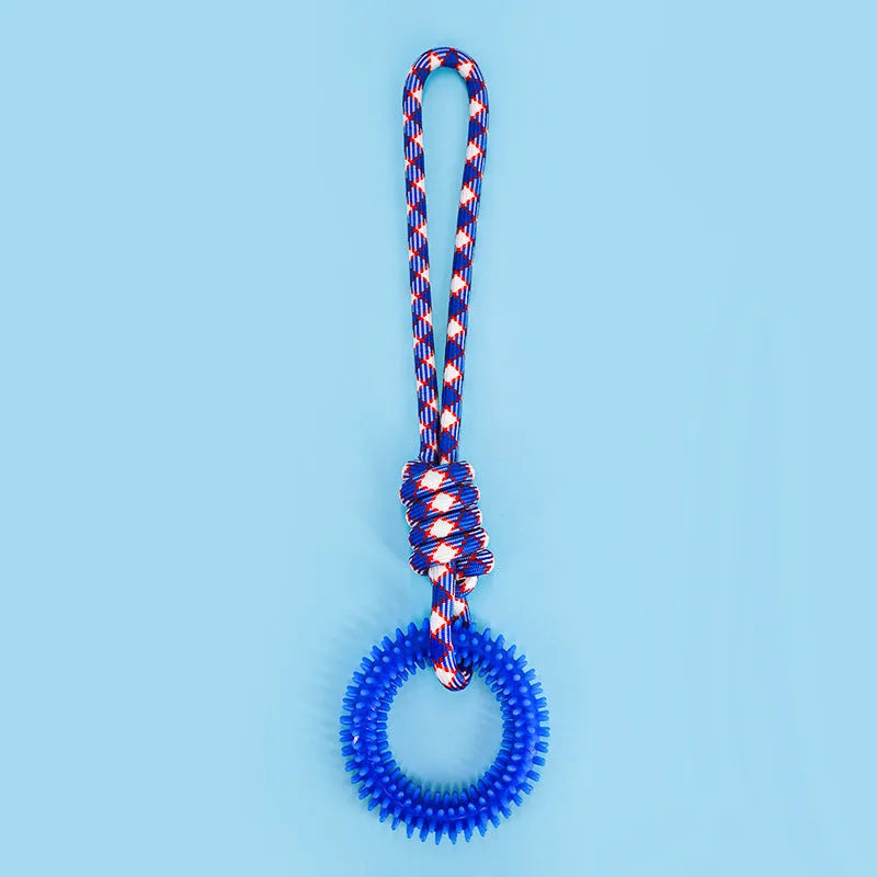 43cm blue braided rope dog toy with knots for teething and interactive play