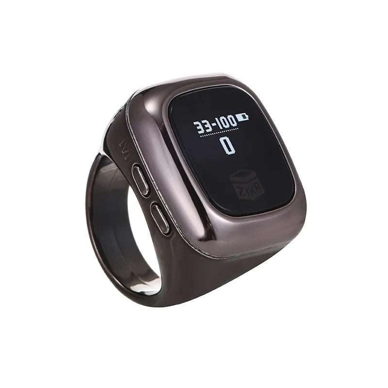 Al-Fatiha electronic zikr counter with digital display on a wrist, shown in rose gold colour with a 20mm band.
