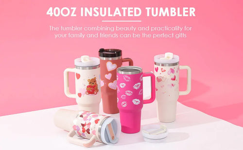 40 oz insulated stainless steel tumbler with handle straw and spill proof lid in a tapered design for car or gym use