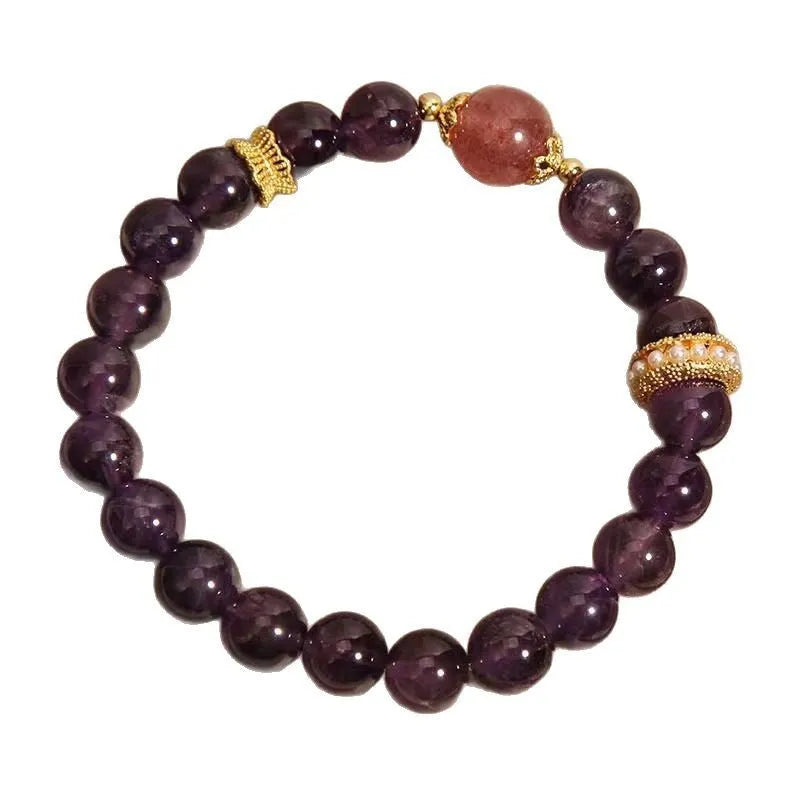 Women's natural amethyst and strawberry quartz bracelet with geometric garland design