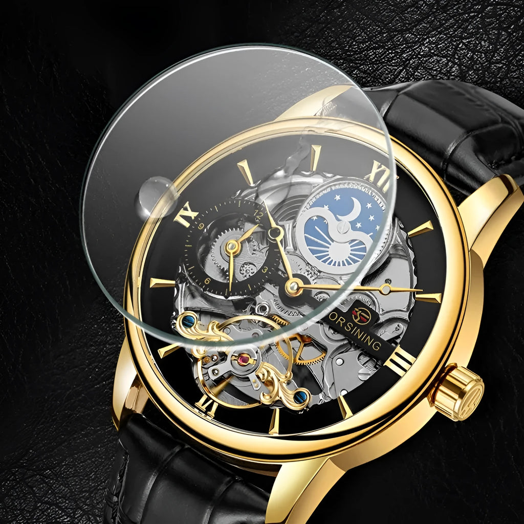 Automatic mechanical watch with hollow moon dial, 13.5mm thick, gold or silver case, black gold blue or white face