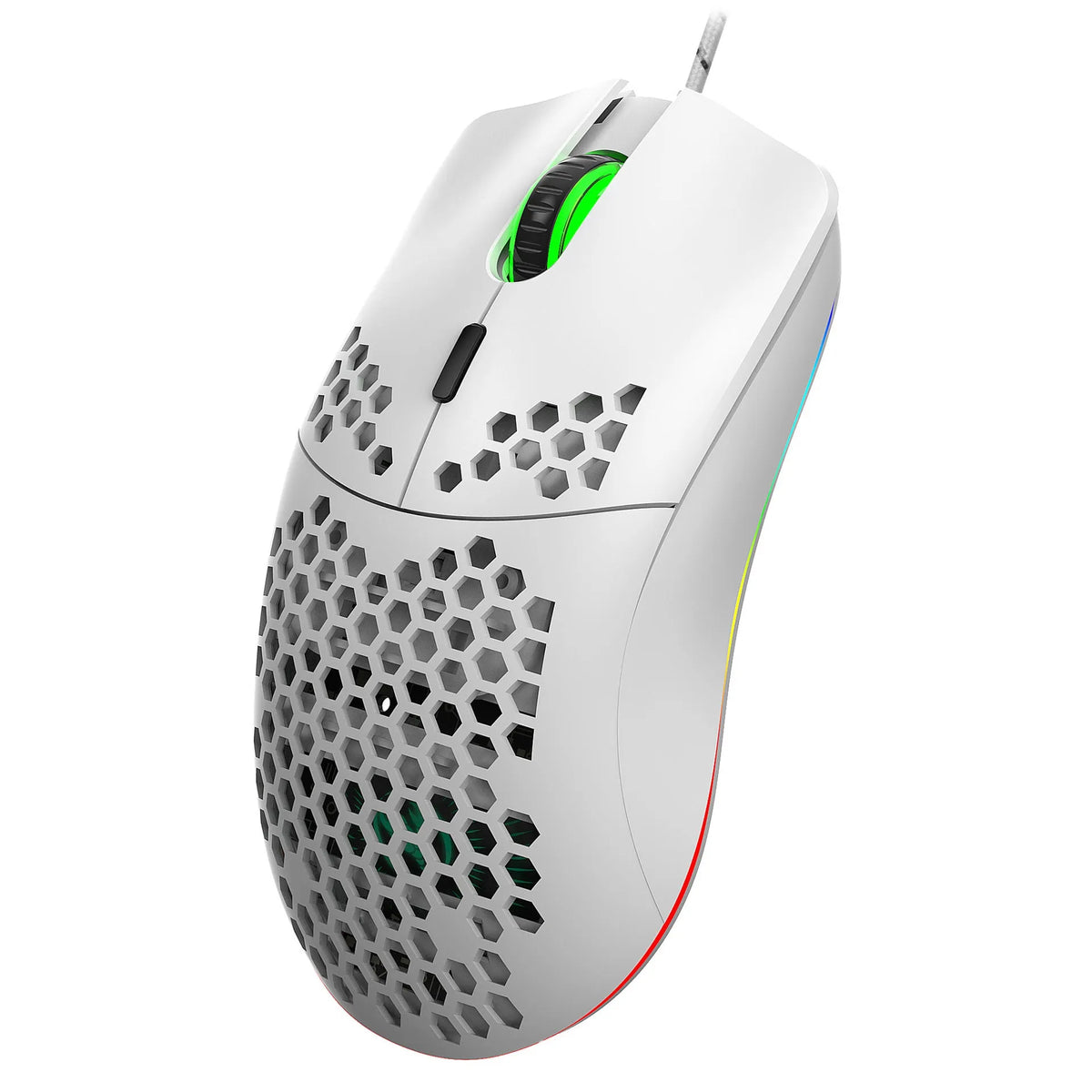 J900 honeycomb shell gaming mouse with RGB lighting on a desk