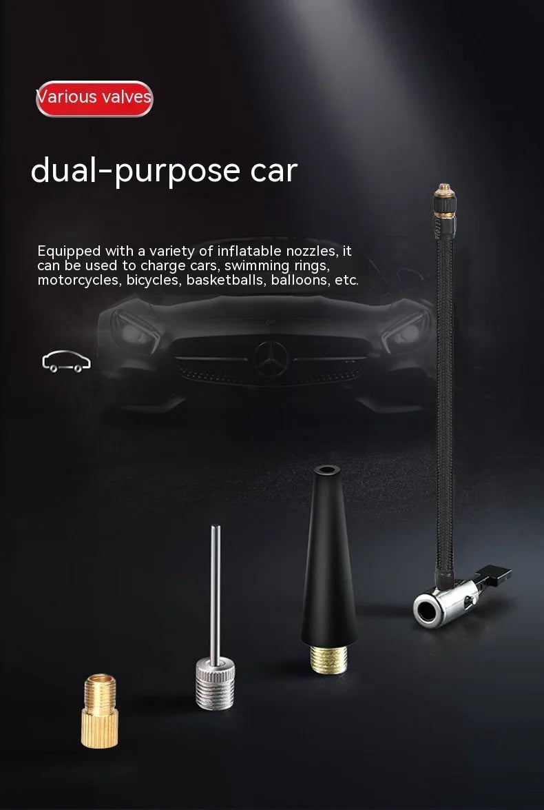 Red and black portable car air pump with digital display, 12V cable, and multiple nozzle attachments