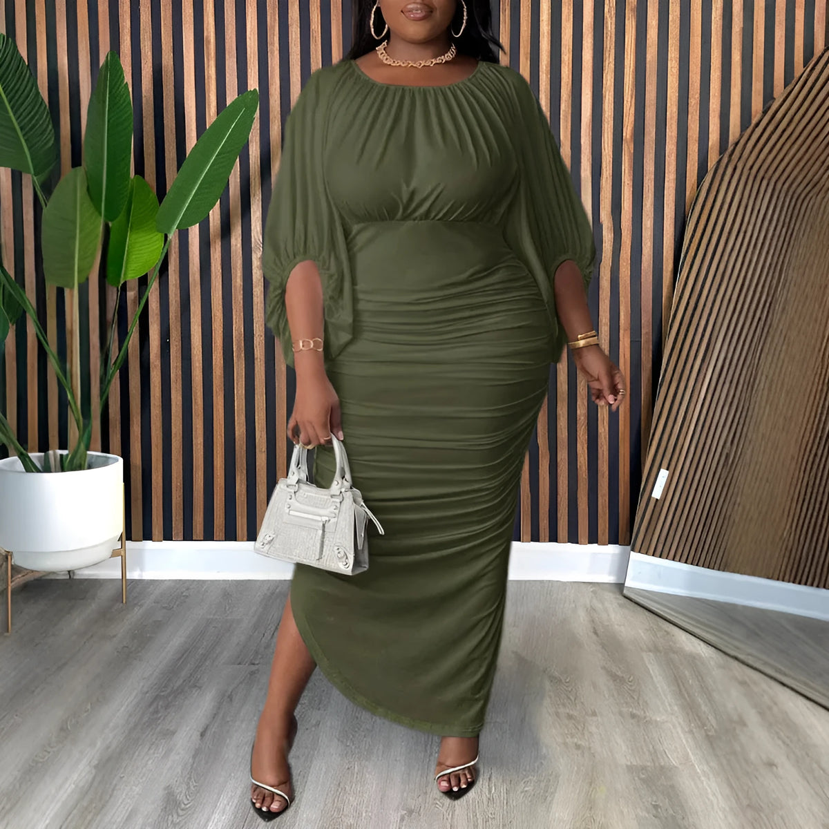Army green long dress with round neck, raglan sleeves, and shirred bodice, plus size 1XL-5XL
