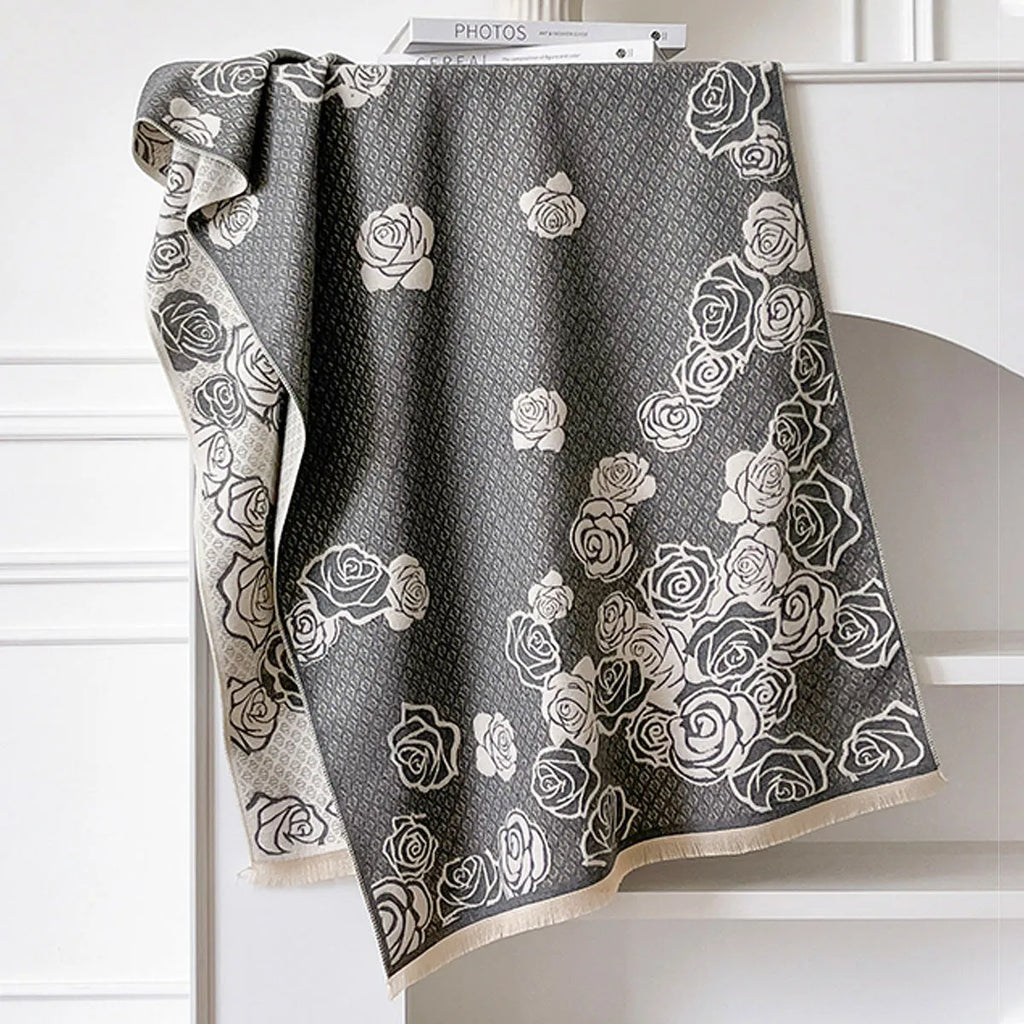 Imitation cashmere scarf with tassel trim in grey, black, blue, or khaki colours measuring 185cm by 65cm