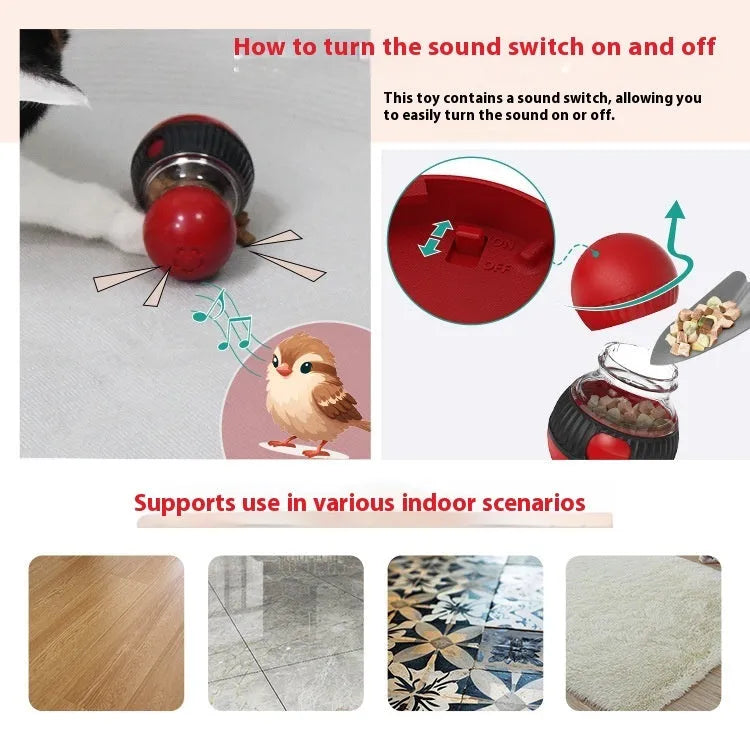 Rotating cat toy with super ball design showing food dropping mechanism and plastic construction