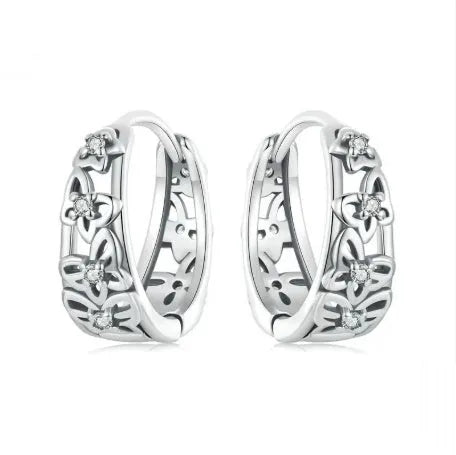 Retro hollow butterfly sterling silver earrings with zircon detail, showing 14mm height.