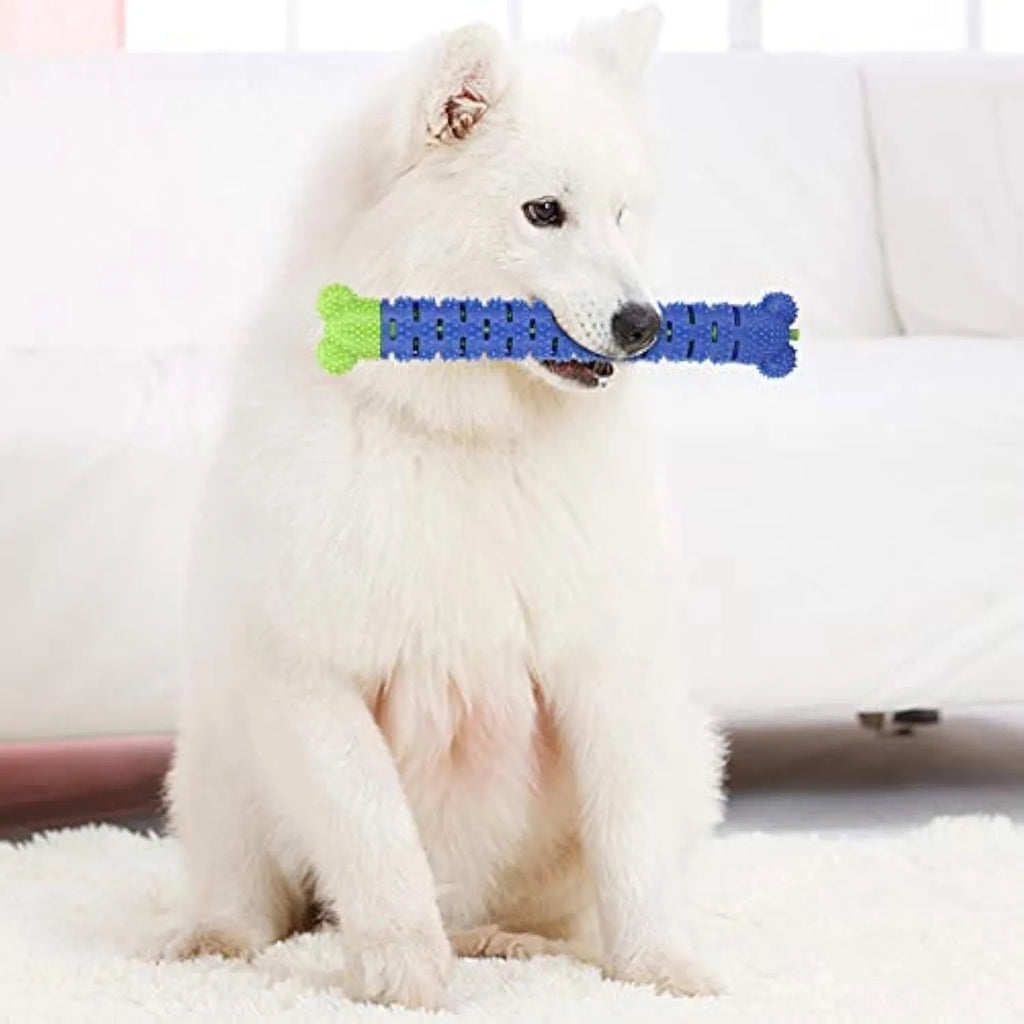 Blue-green dog dental chew toy with silicone brushing nodules and massage bumps for teeth cleaning