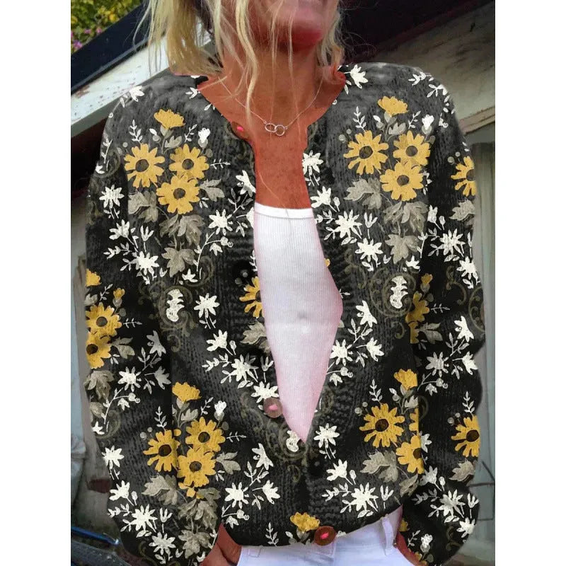 Yellow digital print cardigan coat with 3D pattern effect, shown as an open layer.