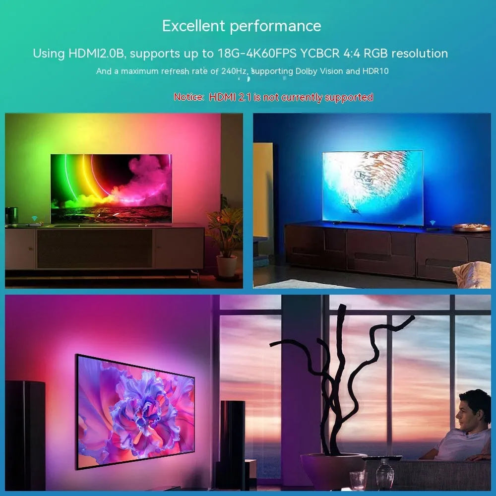 Smart LED light strip kit for TV backlighting with app control and waterproof plastic housing.