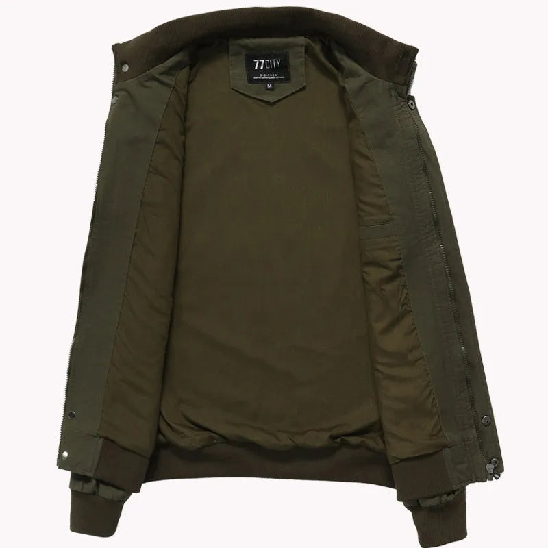 Men's winter bomber jacket in khaki, green or black, 100% cotton outer, polyester lining, long sleeve, badge detail, sizes M to 6XL.