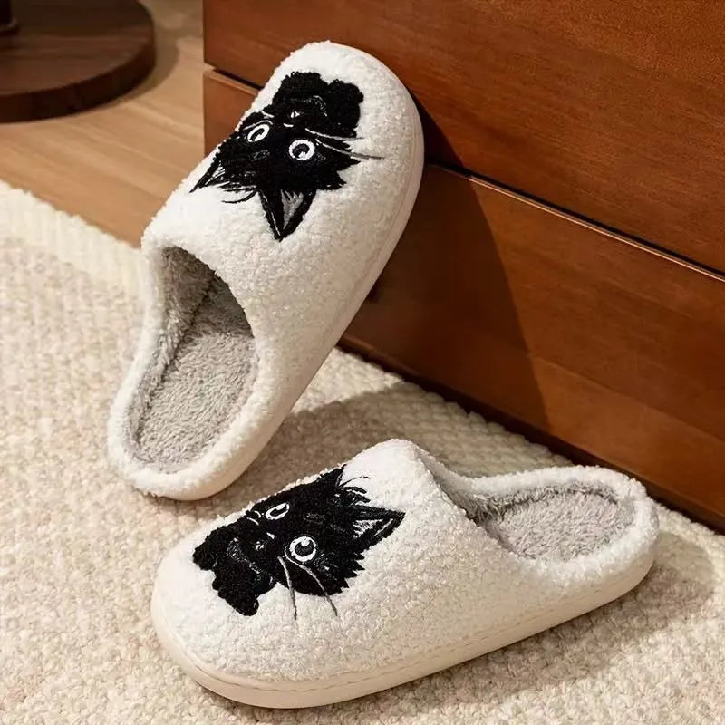 White plush couples slippers with black beard cat cartoon print and non-slip sole