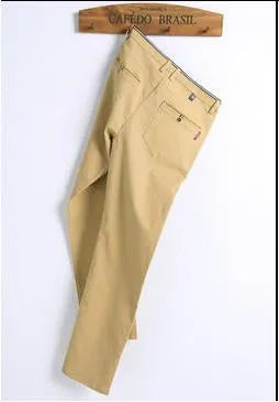 Men's cotton trousers in black, dark grey, khaki, royal blue, sky blue, and white, sizes 28 to 38.