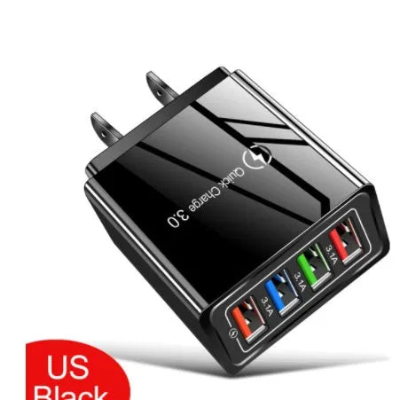 Luminous 4-port USB mobile phone charger in dark blue with EU plug, showing glowing indicator lights.