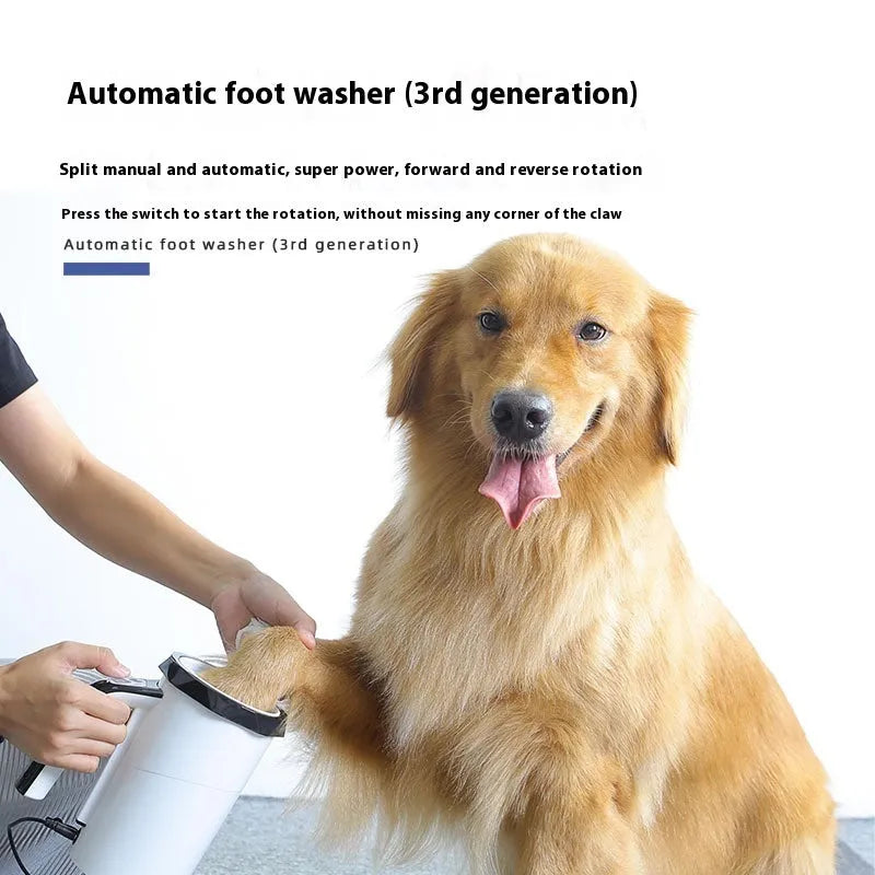 Automatic dog foot-washing cup in white and blue with USB rechargeable silicone and ABS body