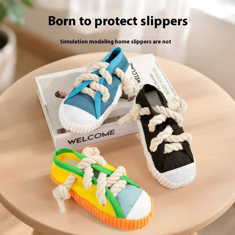 Plastic dog slippers chew toy in yellow colour with bendable design and sound feature