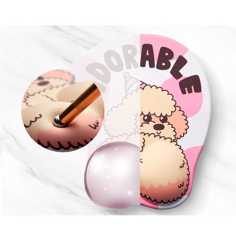 Corgi design 3D mouse pad with wrist support, 26cm x 21.8cm, non-skid PU base, available in blue, green, pink, yellow