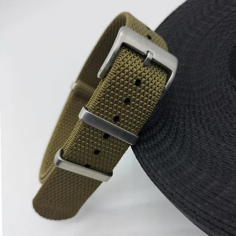 Nylon watch strap in five colours showing black, light grey, blue, khaki and green options