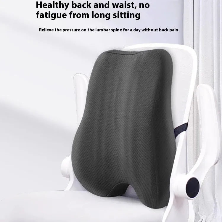 Grey office lumbar support pillow on a chair, dimensions 40x40x8cm
