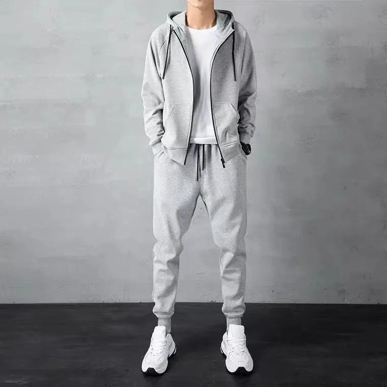 Men's loose zip-up hoodie sweater set in cotton available in black and gray