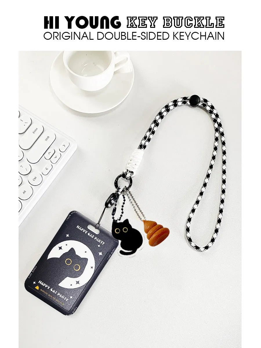 Plastic card holder sleeve with a detachable cute black cat pendant, designed for student IDs and travel cards.