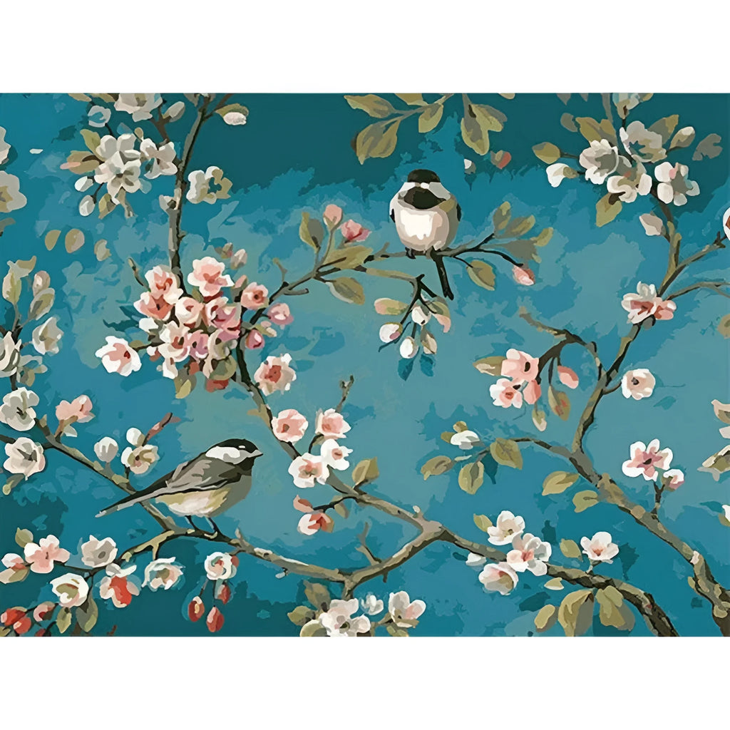 Hand-painted blue abstract flowers and birds artwork on linen canvas, 40x50cm unframed.