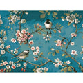 Hand-painted blue abstract flowers and birds artwork on linen canvas, 40x50cm unframed.