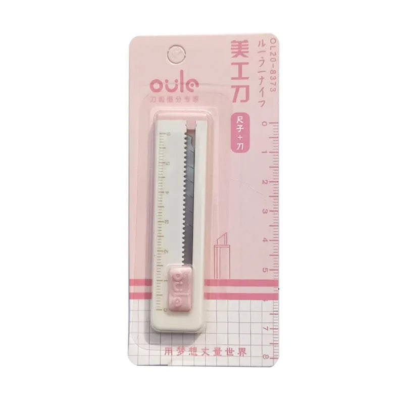 Small plastic art knife in blue colour measuring 7.2cm long for cutting paper and packages