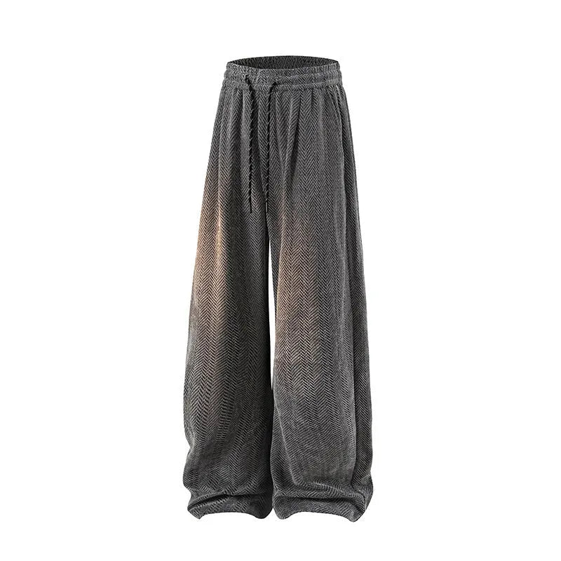 Light grey fleece-lined straight-leg casual trousers with an elastic waistband on a hanger.