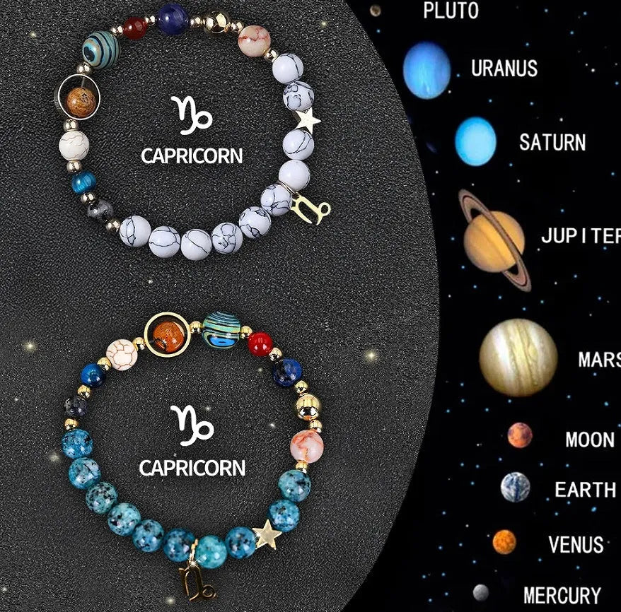Set of twelve natural stone beaded bracelets, each with a different metal zodiac charm on elastic cord.