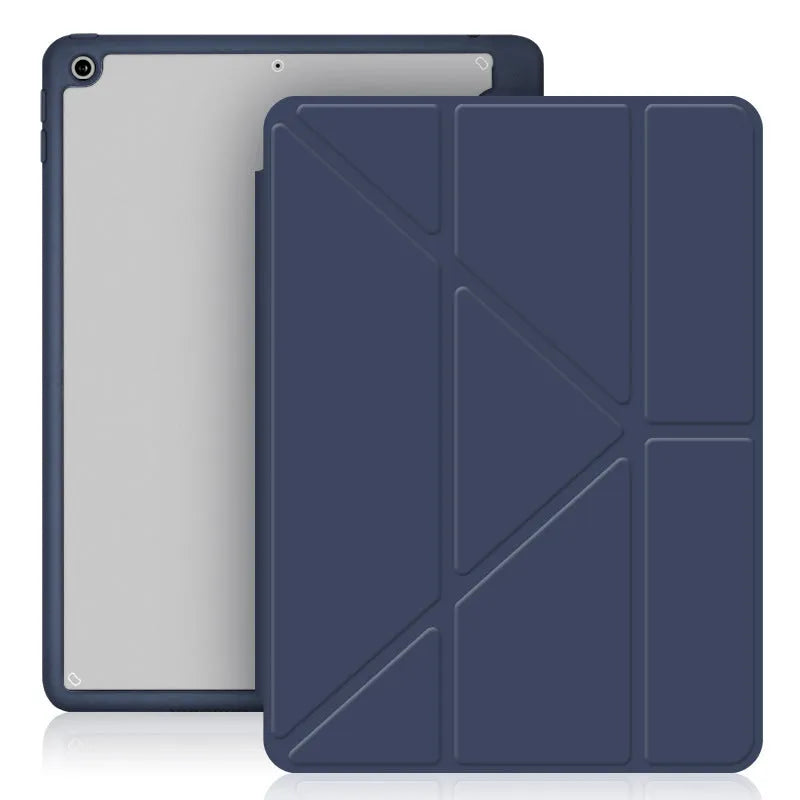iPad protective case with Y-shaped folding bracket stand and Apple Pencil storage slot in imitation leather