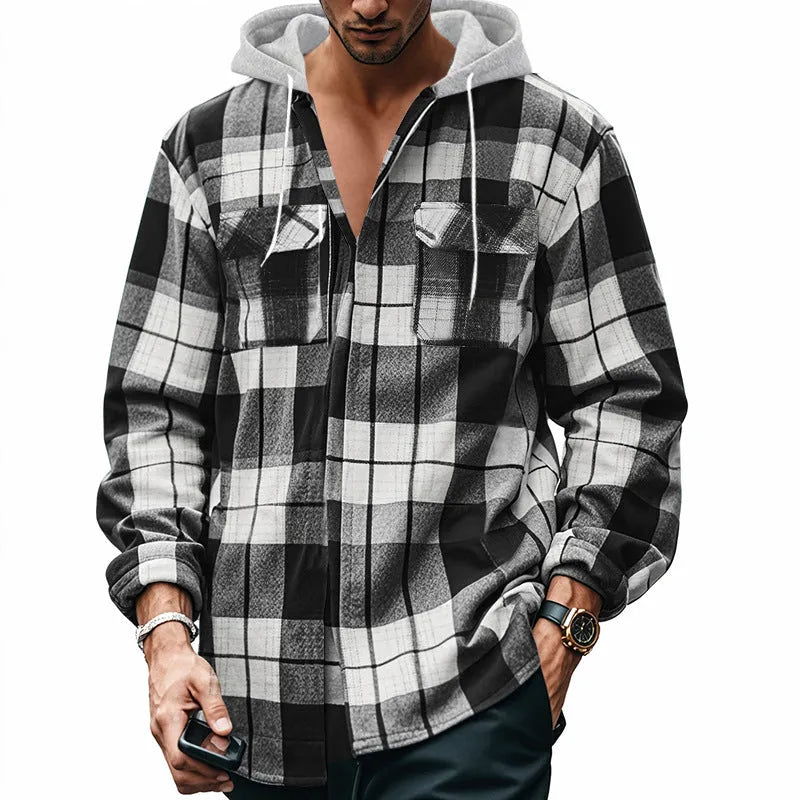 Gray plaid hooded flannel shirt for men, loose casual long sleeve jacquard cardigan, sizes S-XXXL