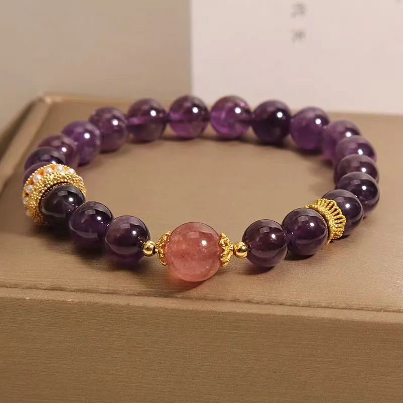 Women's natural amethyst and strawberry quartz bracelet with geometric garland design