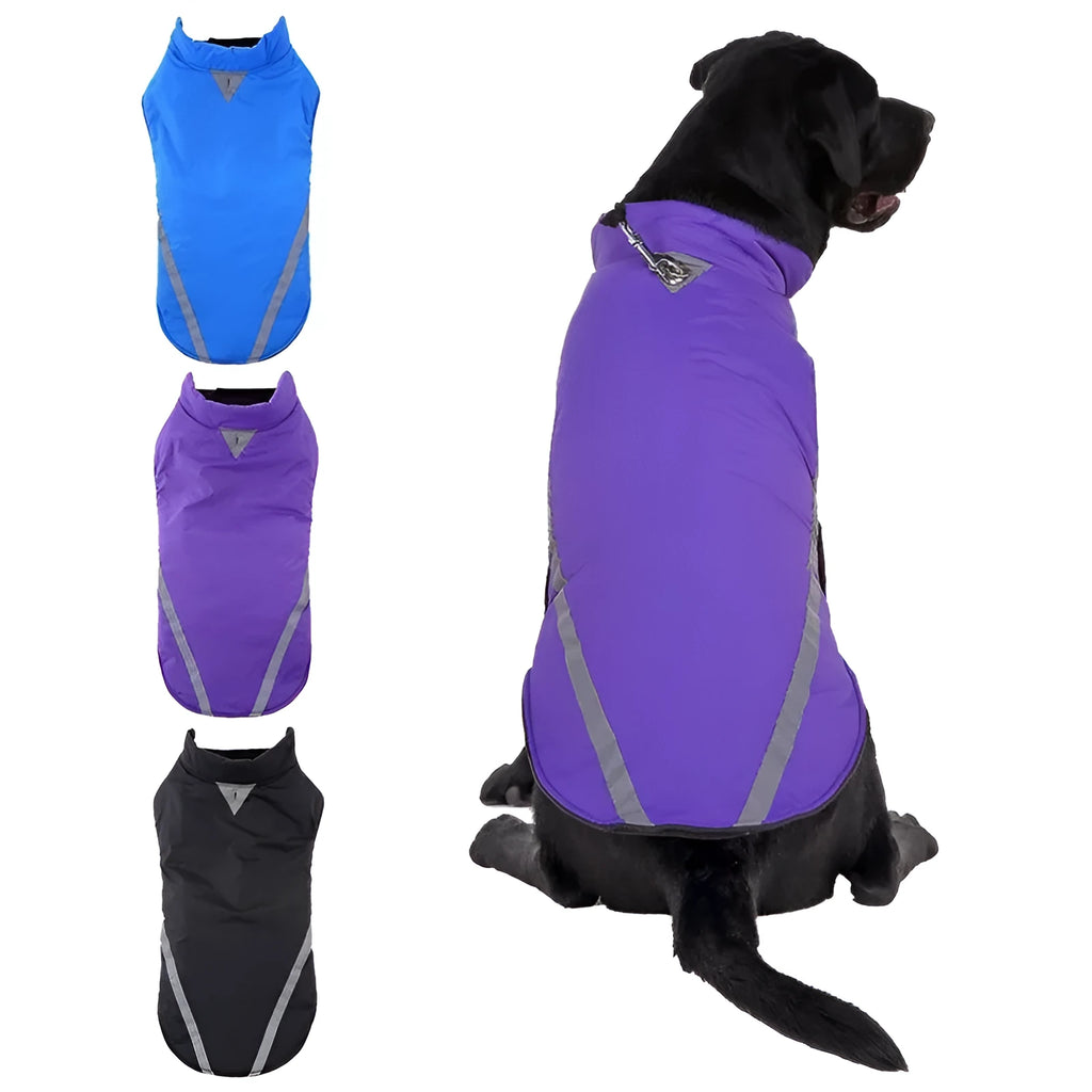 Two-legged cotton dog jacket in black, blue, or purple, sizes S to 2XL with size chart for length, bust, and neck