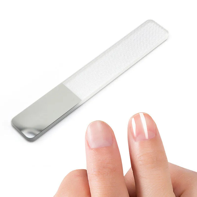 Transparent glass nail file 9 cm x 1.3 cm x 0.2 cm with physically polished surface for manicure use