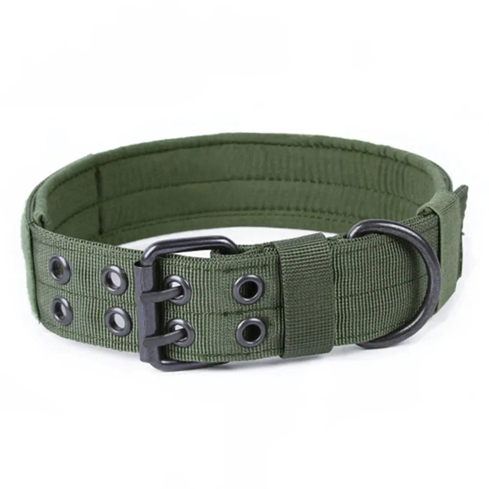 Nylon anti-grind dog collar with padded lining, metal D ring, buckle, Velcro patch panel, black brown green, sizes L M XL