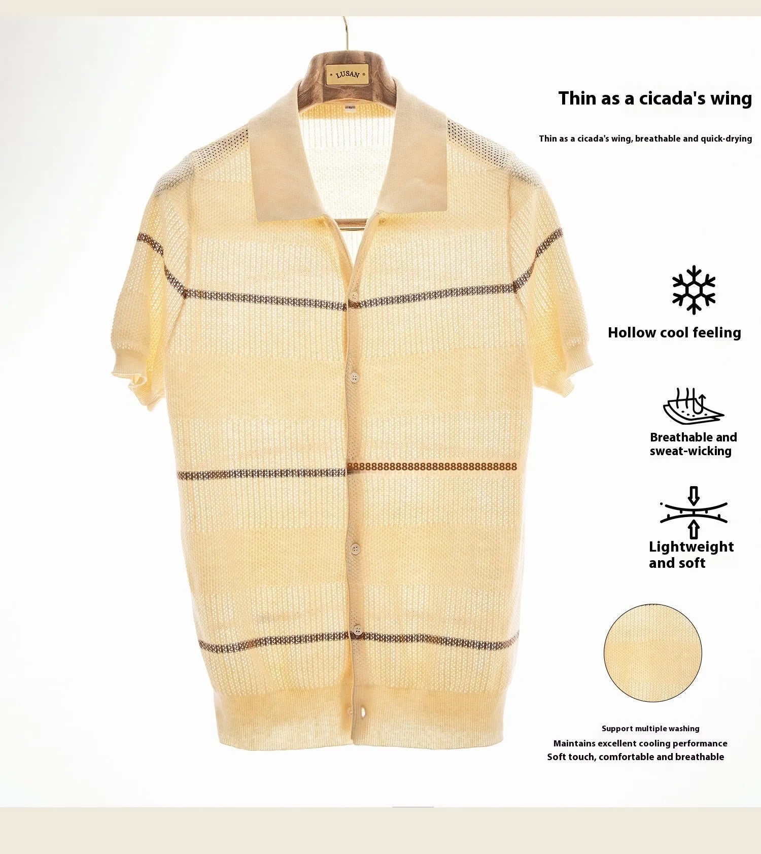 Men's camel coloured lapel cardigan with short sleeves, made from a cotton linen knitted fabric.
