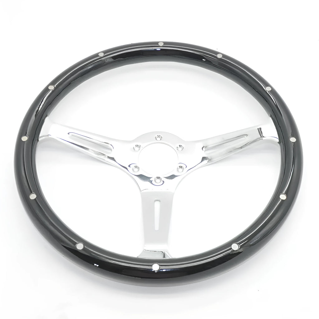 Black electroplated classic car steering wheel made from peach wood with 15 inch diameter