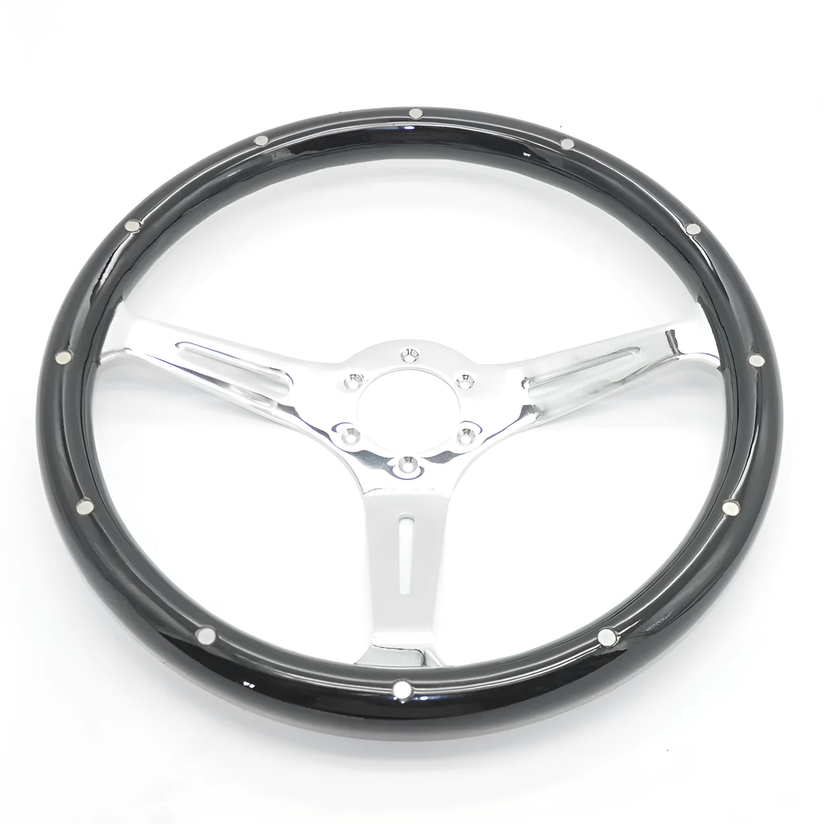 Black electroplated classic car steering wheel made from peach wood with 15 inch diameter