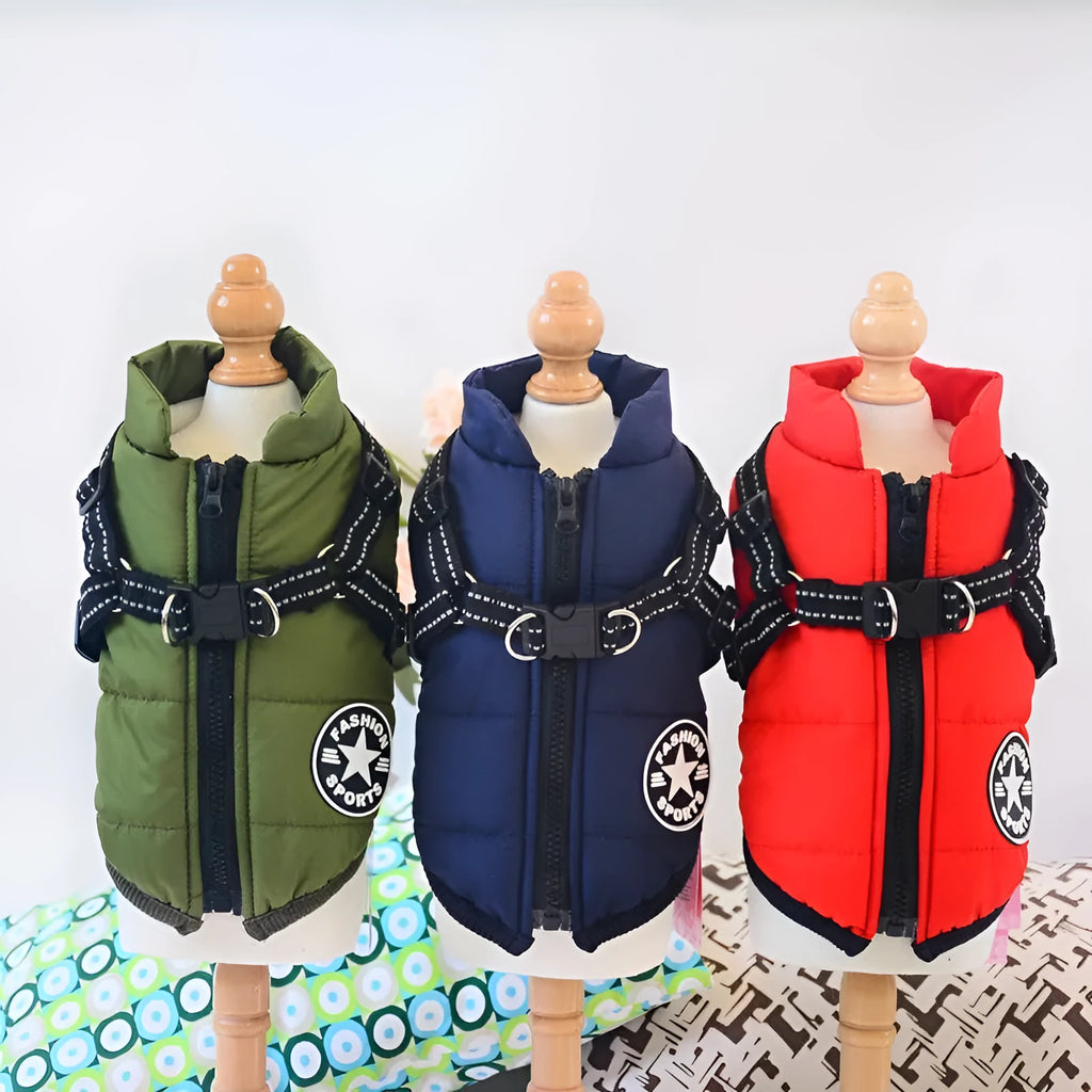 Waterproof dog coat with integrated harness in red colour on Labrador dog