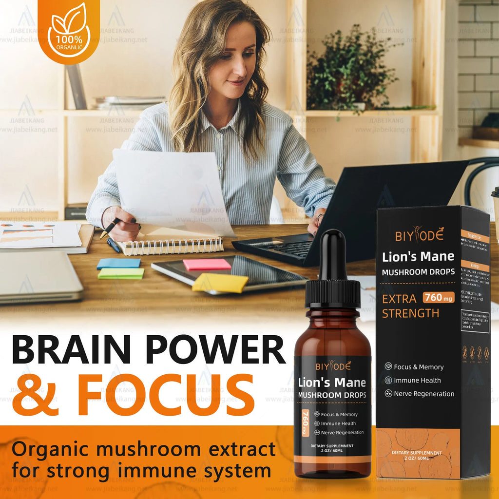 Organic liquid lions mane mushroom extract drop supplement in a glass bottle with dropper
