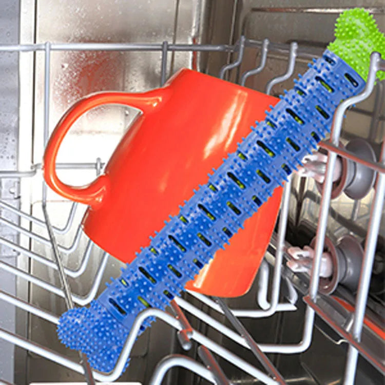 Blue silicone dog toothbrush for pet teeth cleaning measuring 25 x 5 x 4 cm